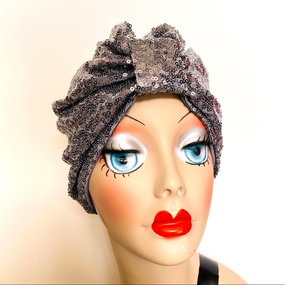 Gun metal gray all over sequined pinup turban cloche hat - Picture 4 of 4